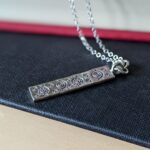 P010 Nali Pendant. Geometric oxidised stamping on a rectangular fine silver pendant. Statement pendant. Wear on a chain or cord necklace. Fine silver, Fair Trade