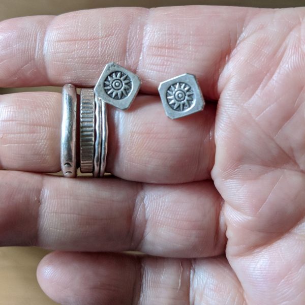 Fair Trade, Samantha Stud Earrings,Studs, Earrings, oxidised, stamped, silver, fine silver, fairly traded, ethical, jewellery, jewelry, slow fashion, square studs, silver studs, sunburst