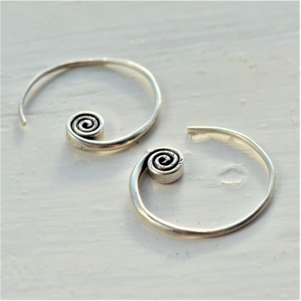 E022 Kerri Tribal Earrings. Spiral, hoops, Fair Trade, Handmade. Silver hoop earrings