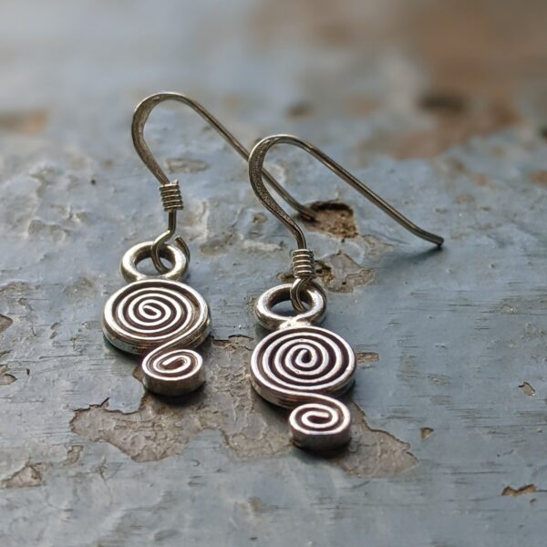 E152 Trinity Earrings. Spiral silver dangle drop earrings. Fair Trade. Handmade