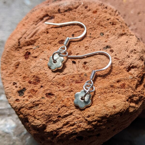 E192 Pamela Earrings. Tiny flower, dangle drop earrings. Fine silver, handmade, Fair Trade