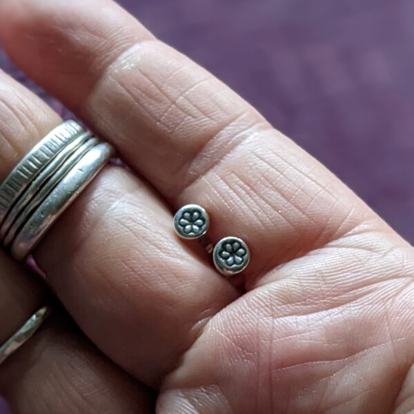 SE033 Sawyer Studs - Tiny flower stamped stud earrings. Oxidised flower detail. Handmade, Fair Trade.