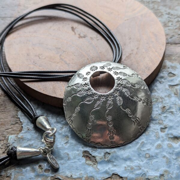 HL741 Inanna Necklace. Statement disc pendant necklace. Heirloom jewellery. Handcrafted, fine silver. Fair Trade, ethical, recycled silver