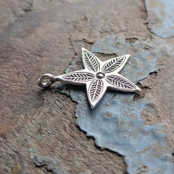 P078 Hoshi Star Pendant. Star shaped pendant with oxidised stamped detailing. Fair Trade, recycled fine silver. Ethically handcrafted. A choice of necklaces are available