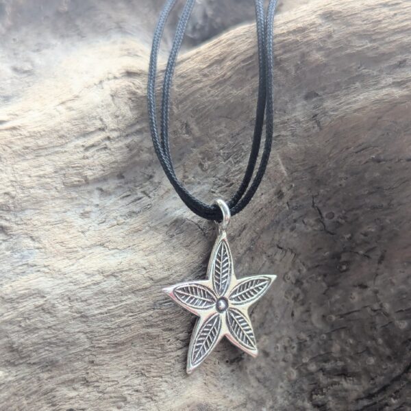 P078 Hoshi Star Pendant. Star shaped pendant with oxidised stamped detailing. Fair Trade, recycled fine silver. Ethically handcrafted. A choice of necklaces are available