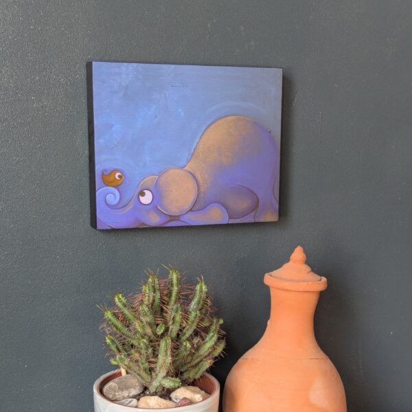 IMG7219 Fireside Friends - Elephant, Elephant Painting, Picture, artwork, art, elephant art, elephant image, elephants in art, box frame, boxframed art, original, quirky art, creative, colours, juicy colours, round shapes, ying yang, zen, harmony, sustainably produced, ethical,