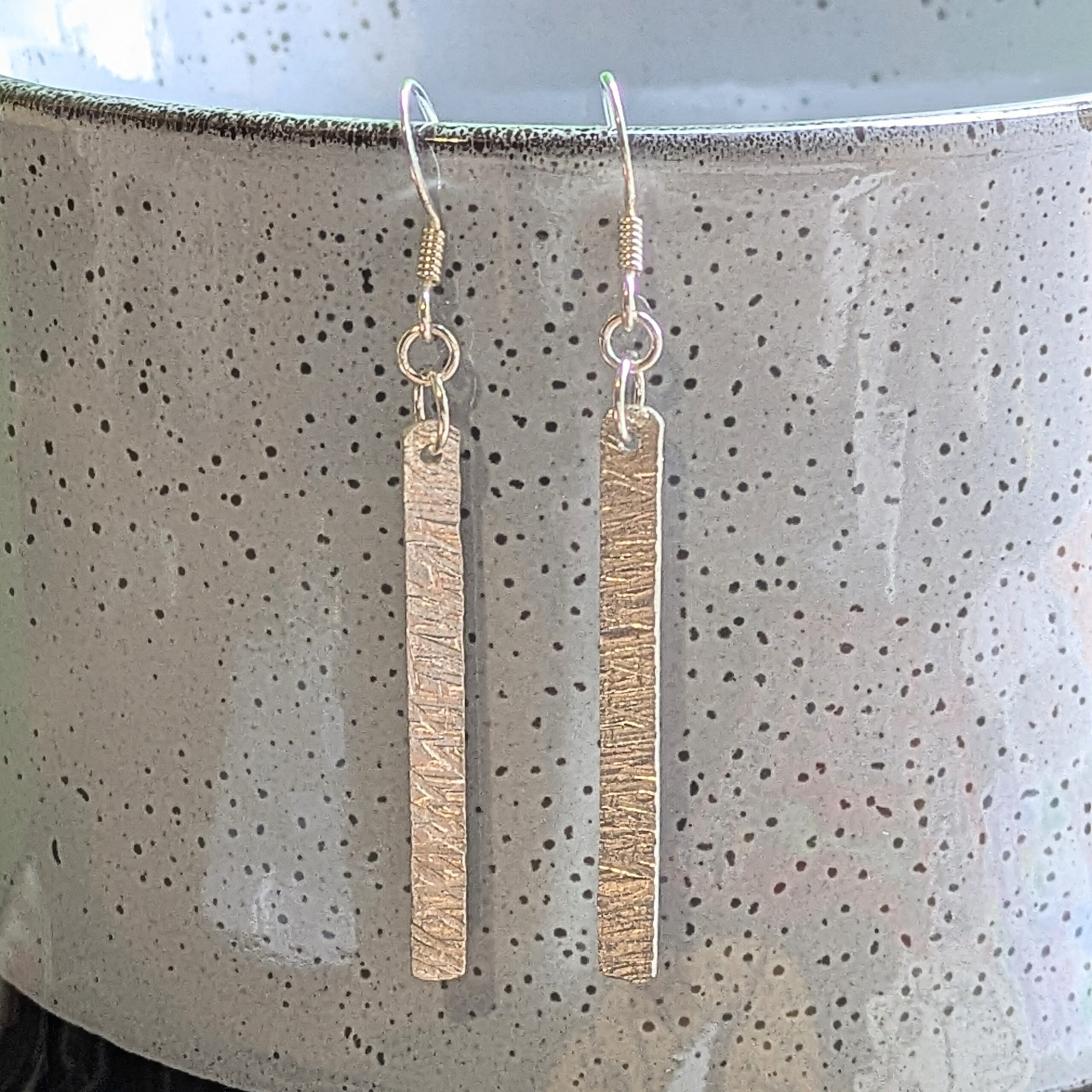 E220 Bronte Earrings. Long elegant rectangular dangle drop earrings. Created from recycled silver and made in Cheshire, UK