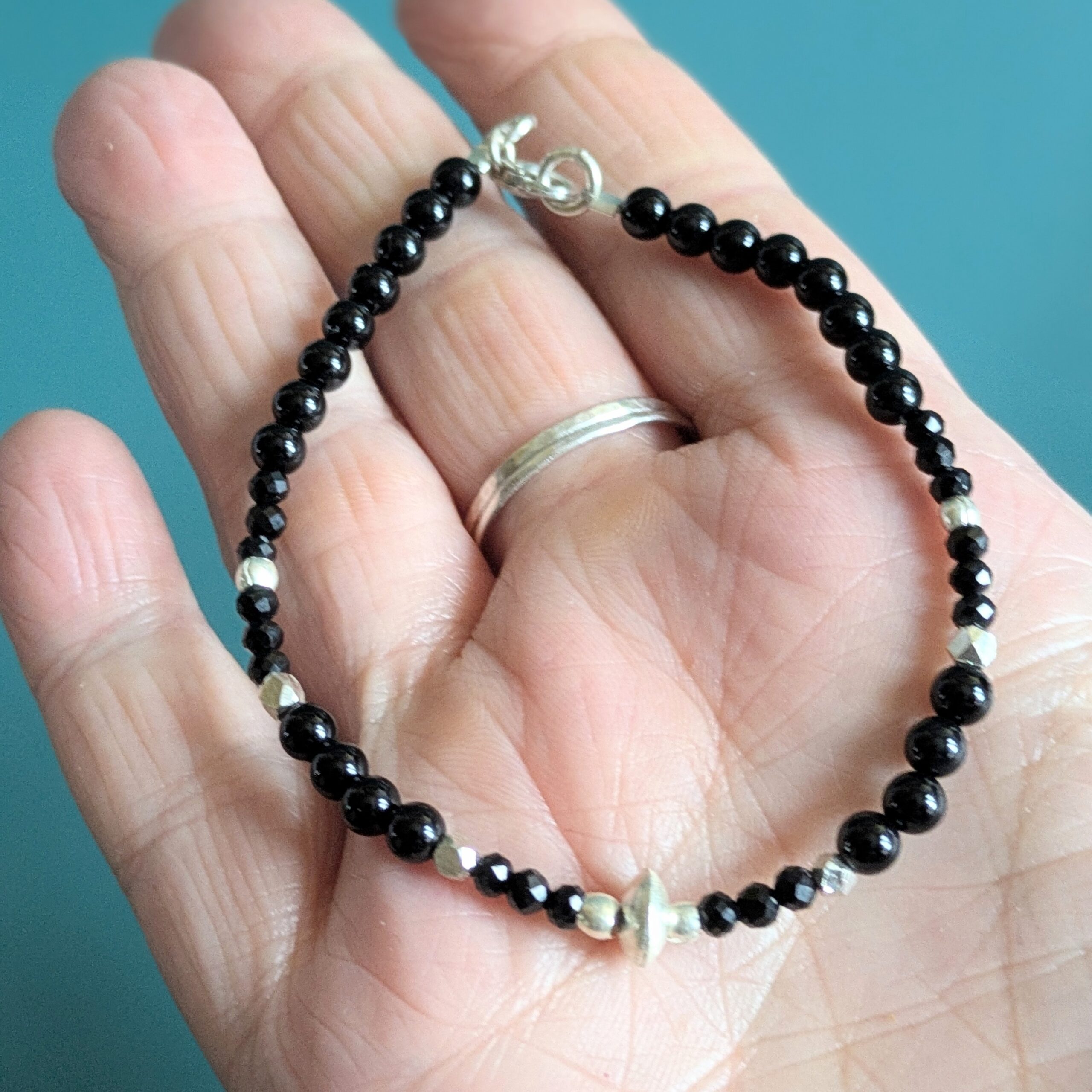 BR085 Twilight Bracelet - Black onyx and Fair Trade recycled silver beaded bracelet.