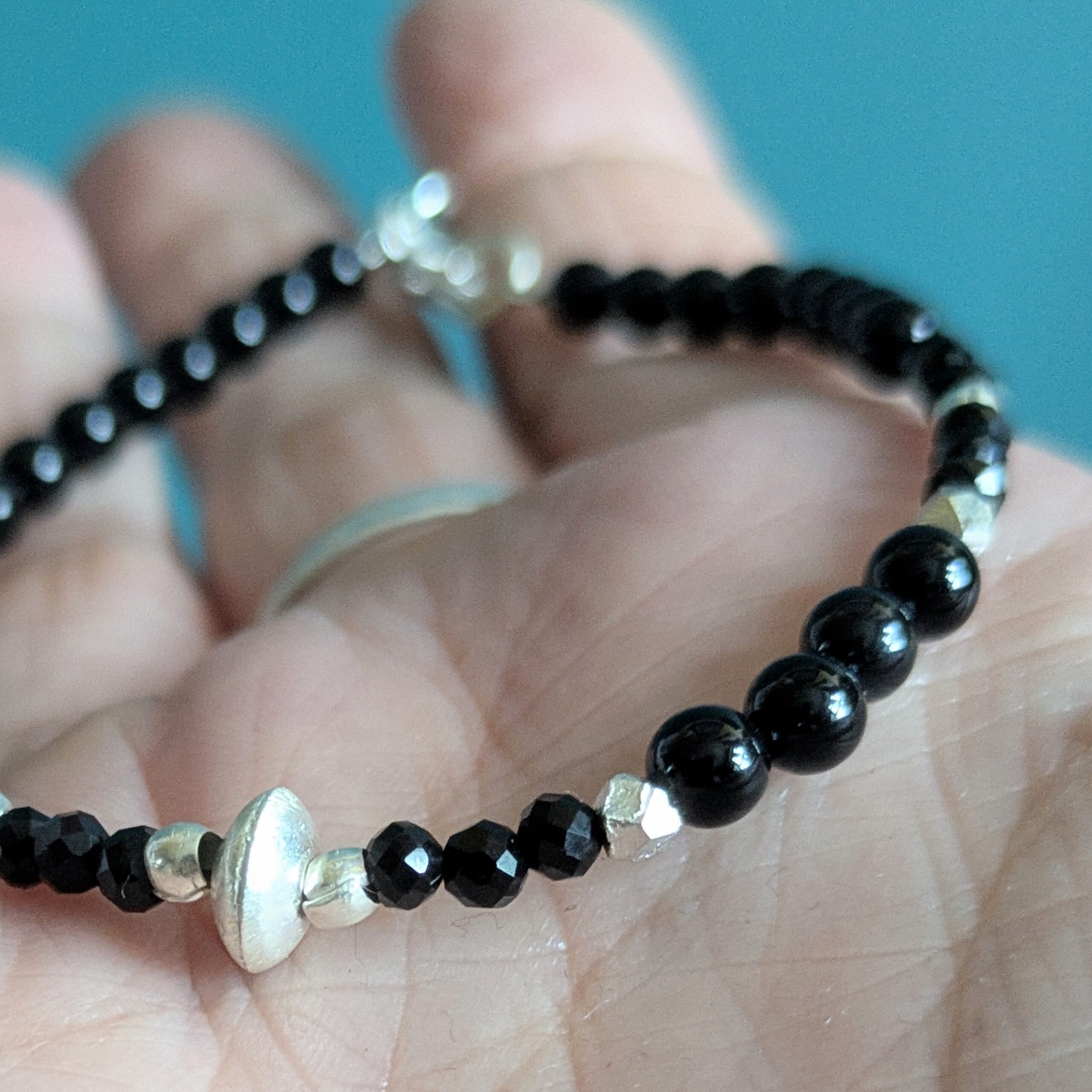 BR085 Twilight Bracelet - Black onyx and Fair Trade recycled silver beaded bracelet.