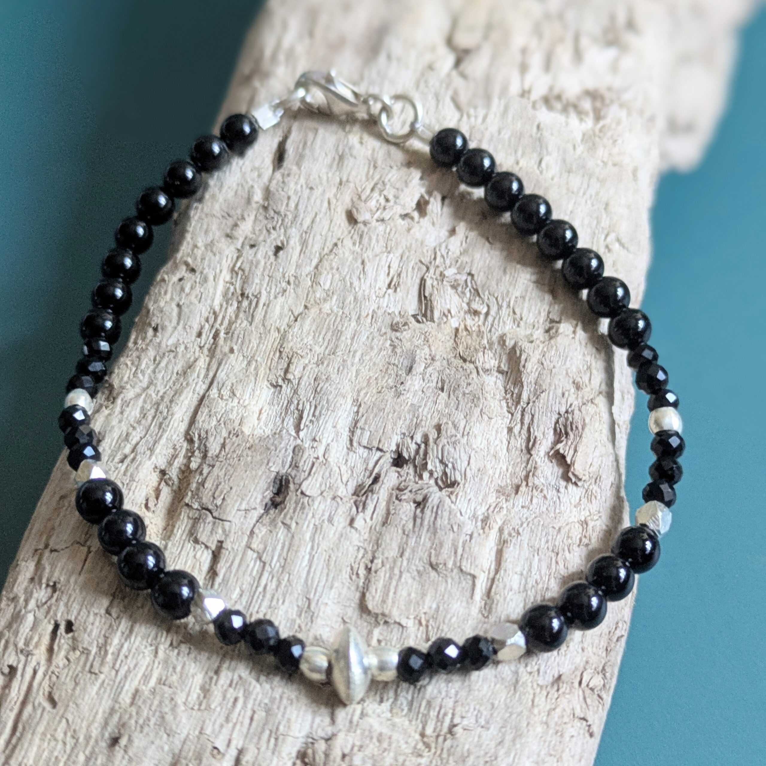 BR085 Twilight Bracelet - Black onyx and Fair Trade recycled silver beaded bracelet.