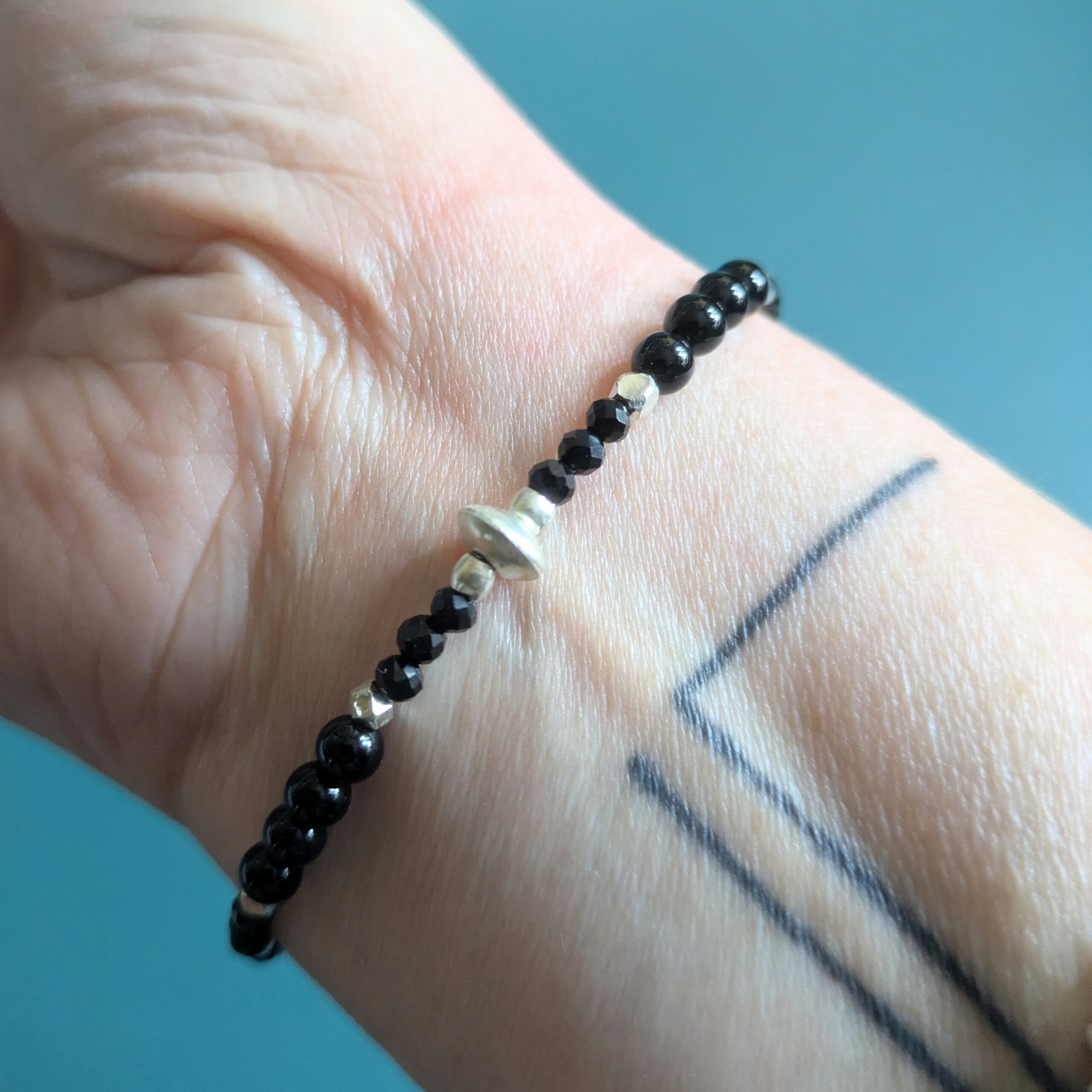 BR085 Twilight Bracelet - Black onyx and Fair Trade recycled silver beaded bracelet.