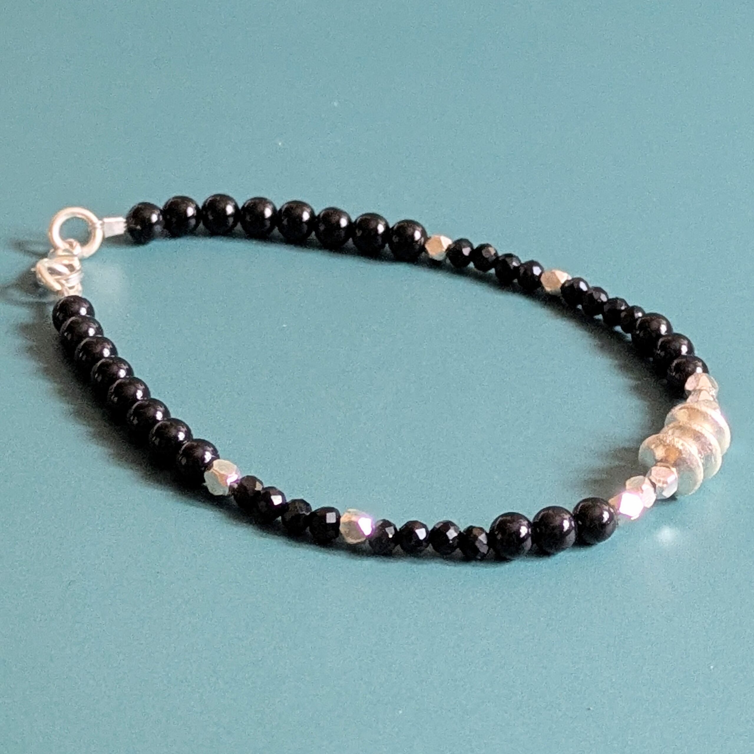 BR086 Noctis Bracelet - Fair Trade recycled silver and black onyx beaded bracelet. Modern Gothic vibes