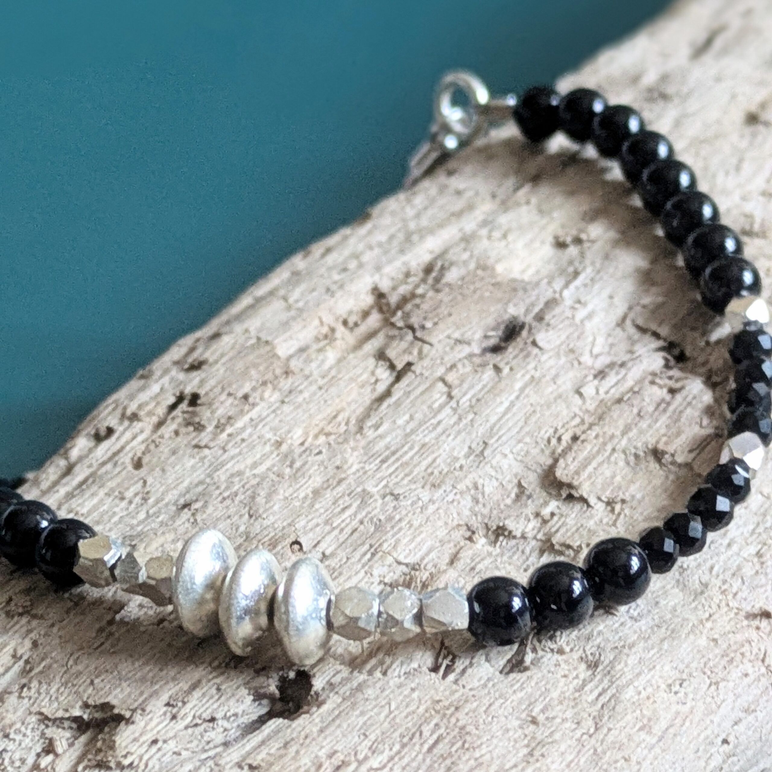 BR086 Noctis Bracelet - Fair Trade recycled silver and black onyx beaded bracelet. Modern Gothic vibes