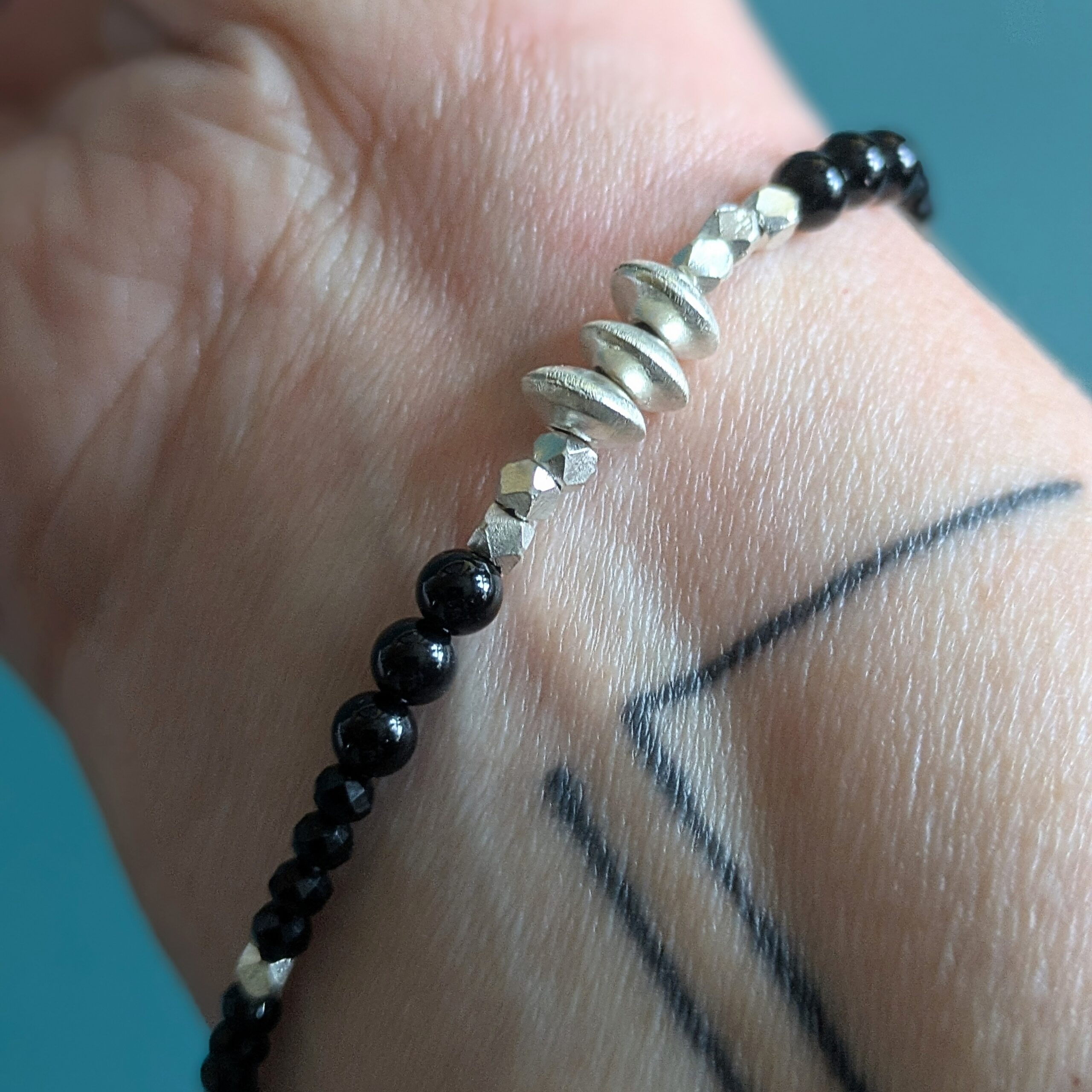 BR086 Noctis Bracelet - Fair Trade recycled silver and black onyx beaded bracelet. Modern Gothic vibes