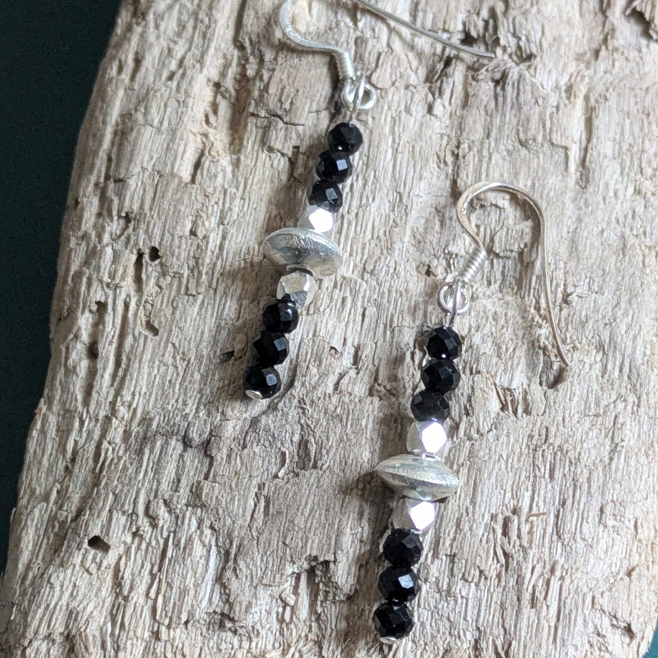 E226 Shadow Earrings - Dangle drop earrings of black onyx and Fair Trade silver beads. Handcrafted in Thailand and the UK.