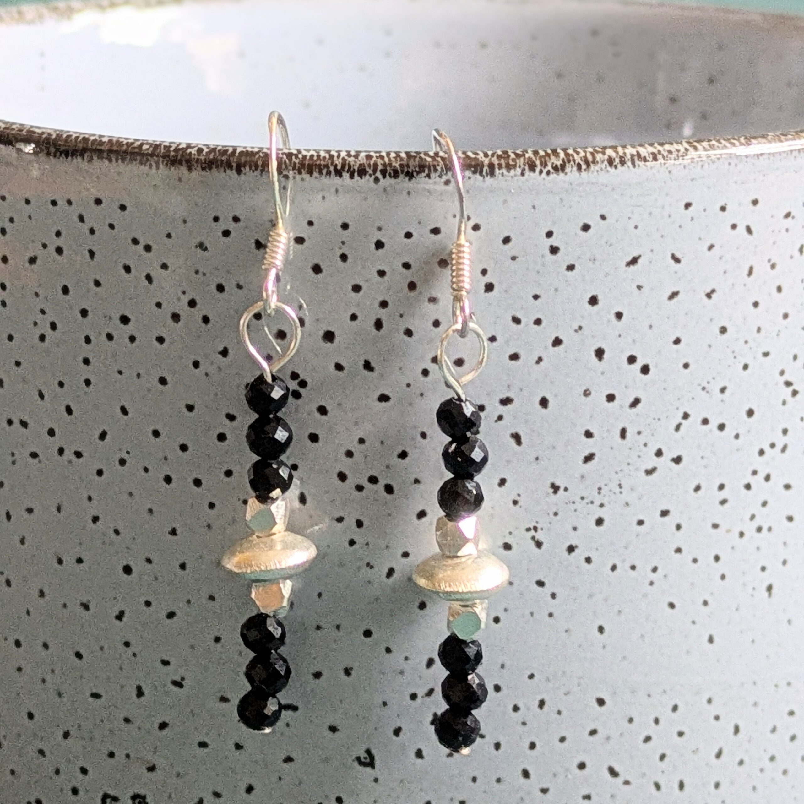 E226 Shadow Earrings - Dangle drop earrings of black onyx and Fair Trade silver beads. Handcrafted in Thailand and the UK.
