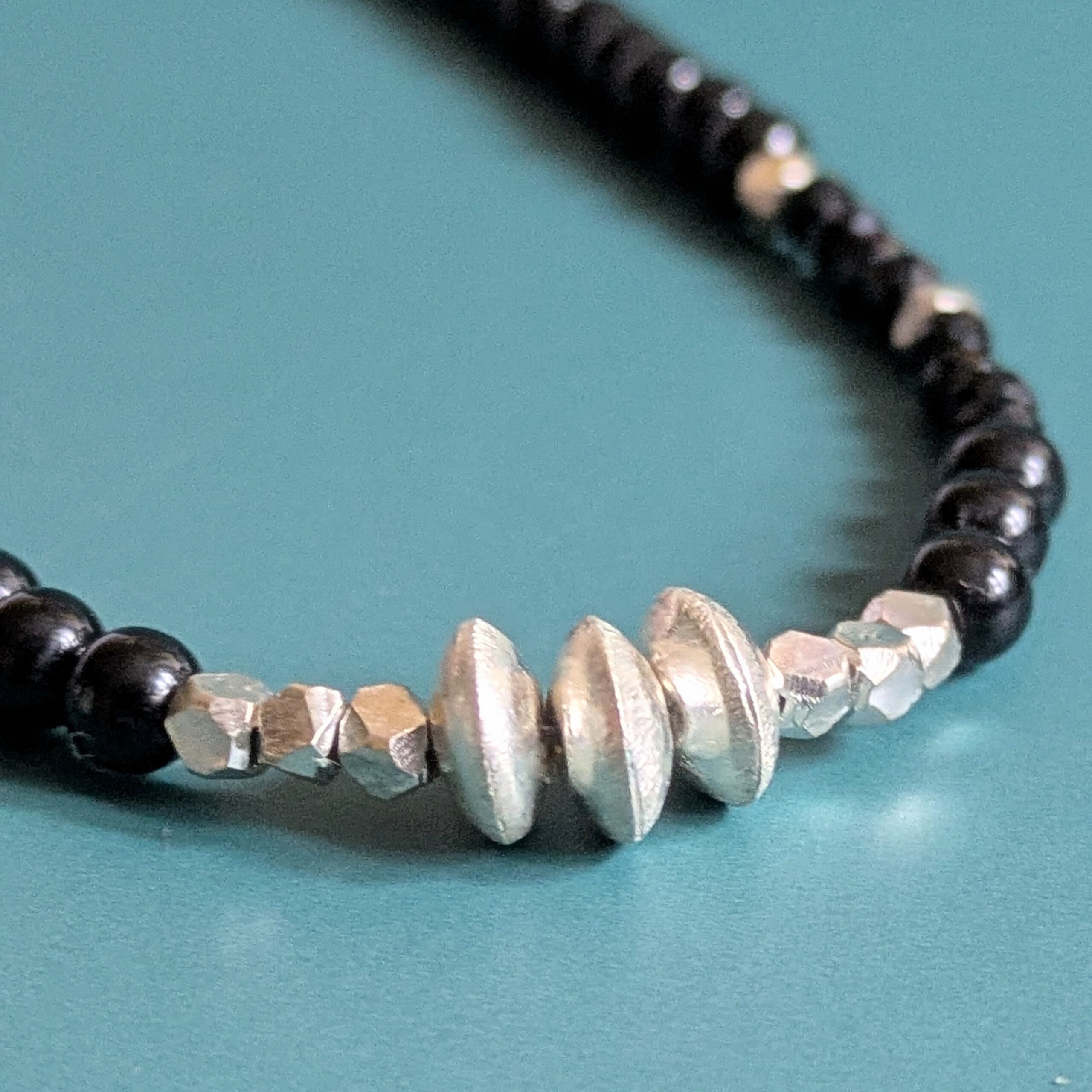 N131 Noctis Necklace - Black onyx and Fair Trade recycled silver beaded necklace. Modern Gothic aesthetic.