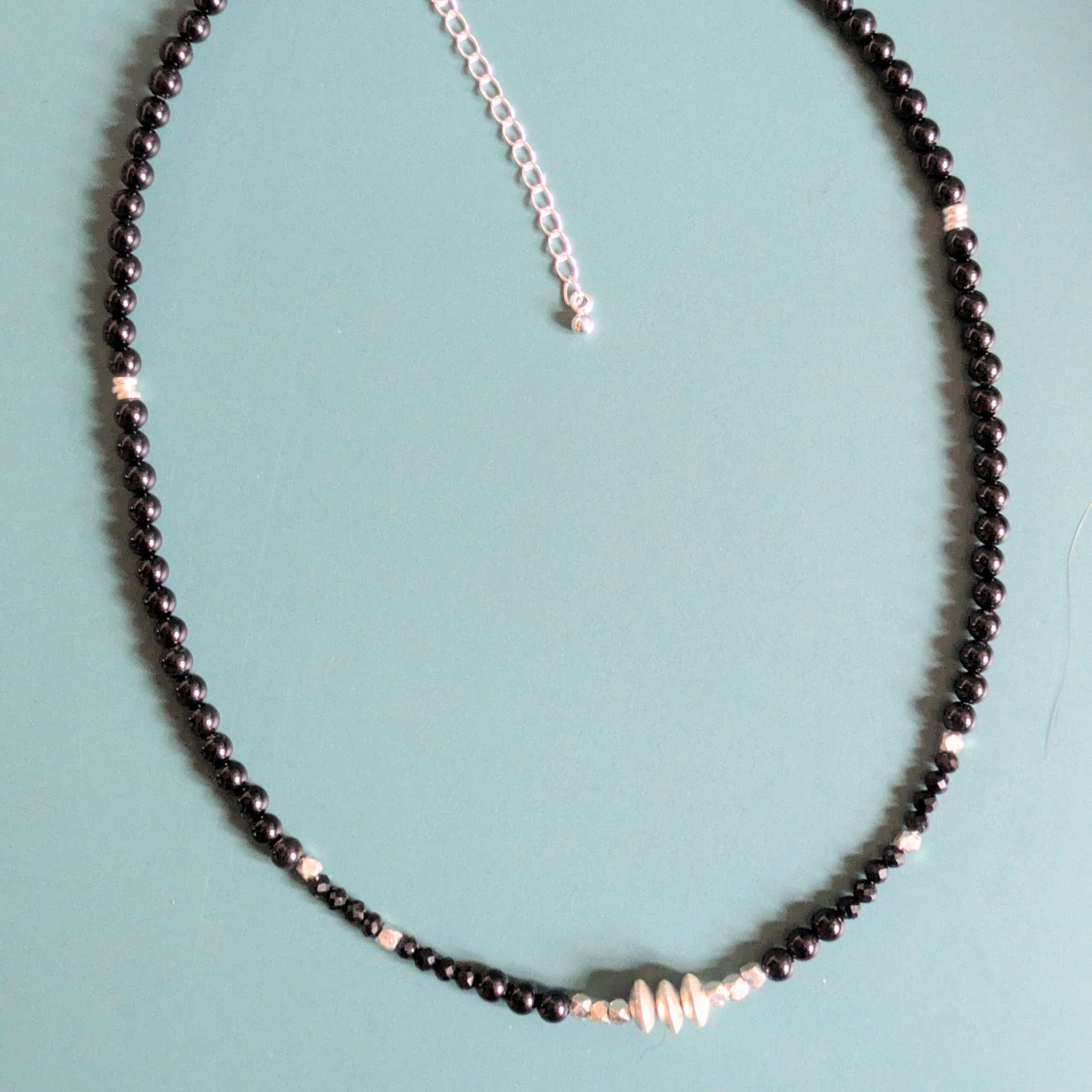 N131 Noctis Necklace - Black onyx and Fair Trade recycled silver beaded necklace. Modern Gothic aesthetic.