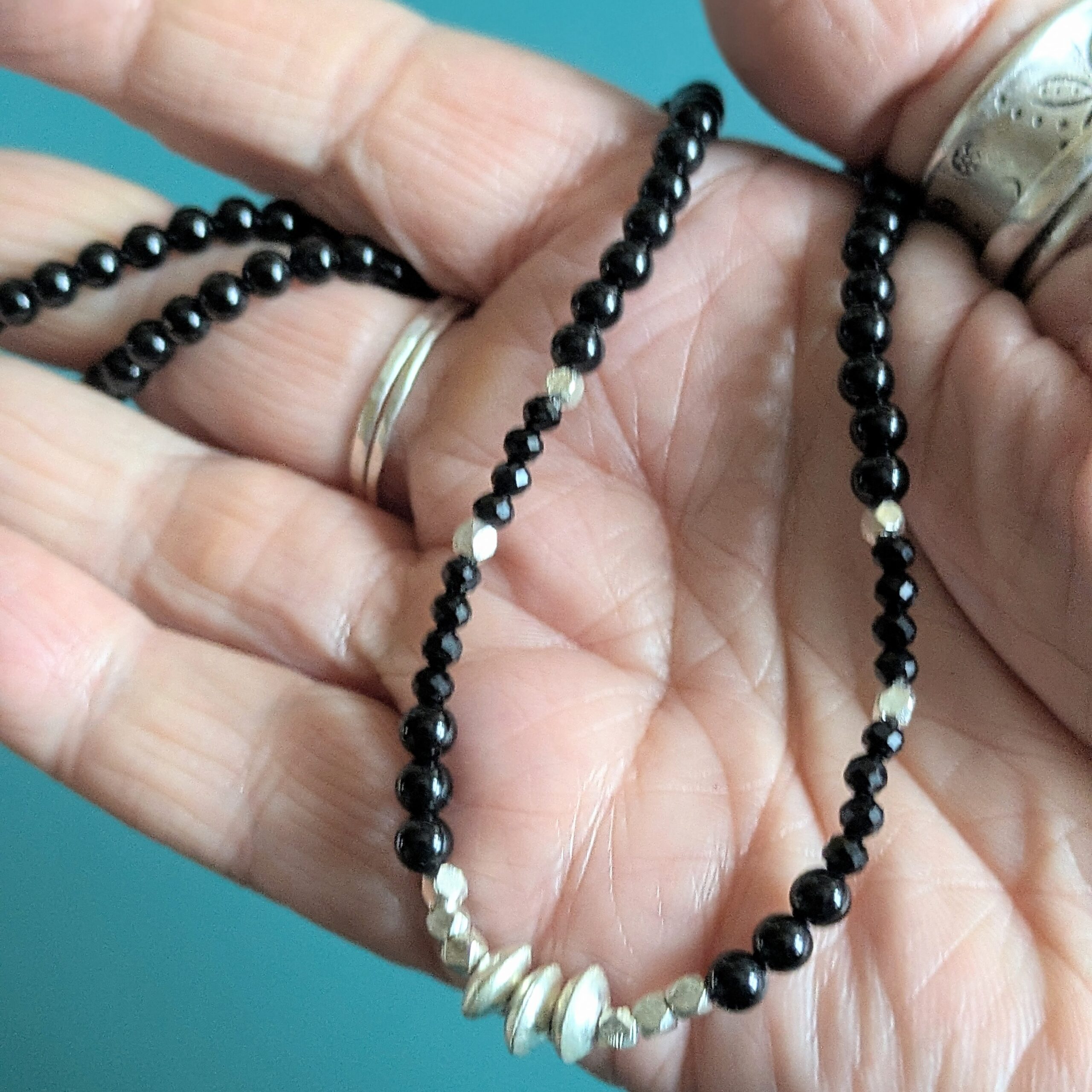N131 Noctis Necklace - Black onyx and Fair Trade recycled silver beaded necklace. Modern Gothic aesthetic.