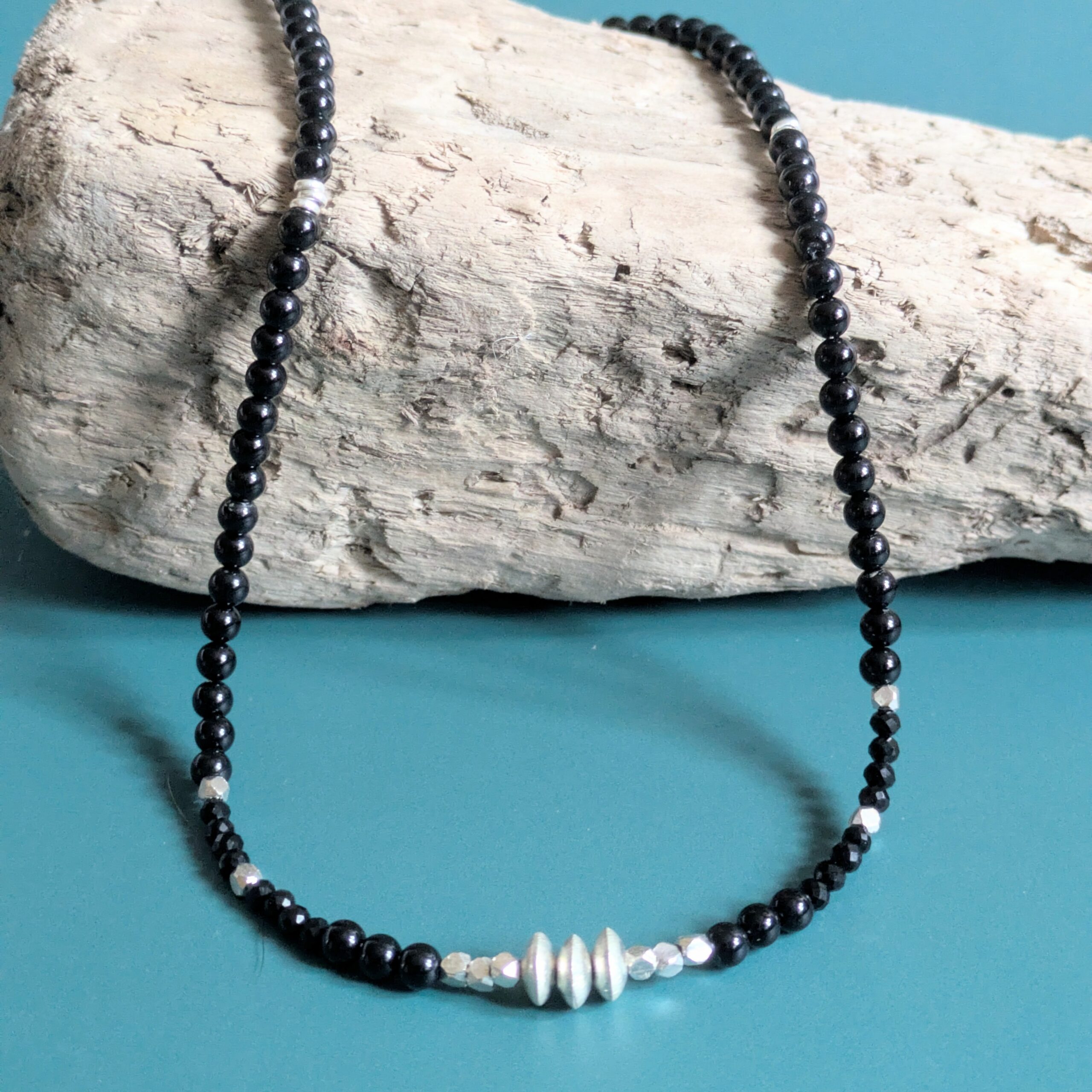 N131 Noctis Necklace - Black onyx and Fair Trade recycled silver beaded necklace. Modern Gothic aesthetic.